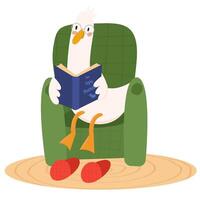 Cute goose sitting in an armchair and read a book.  My happy place. Used for greeting card, and poster design. vector