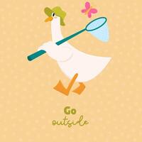 Cute goose in a panama hat with a butterfly net. Goose catching butterflies. Go outside. vector