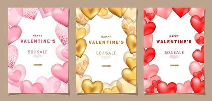 Valentine's day posters set. 3d hearts background with place for text. Romantic sale banners templates, vouchers or invitation cards. Vector illustration.