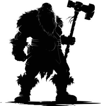 AI generated Silhouette dwarf mythical race from game with hammer black color only vector