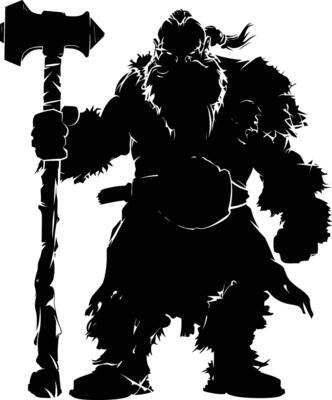 AI generated Silhouette dwarf mythical race from game with hammer black color only