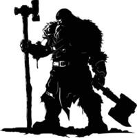 AI generated Silhouette dwarf mythical race from game with hammer black color only vector