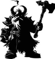 AI generated Silhouette dwarf mythical race from game with hammer black color only vector