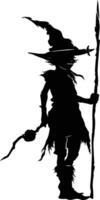 AI generated Silhouette goblin mythical race from game mage wit staff black color only vector