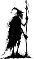 AI generated Silhouette goblin mythical race from game mage wit staff black color only vector