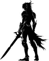 AI generated Silhouette elf or elves mythical race from game warrior hold sword black color only vector