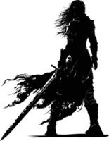 AI generated Silhouette elf or elves mythical race from game warrior hold sword black color only vector