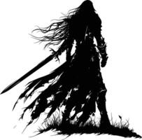 AI generated Silhouette elf or elves mythical race from game warrior hold sword black color only vector