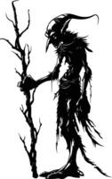 AI generated Silhouette goblin mythical race from game mage wit staff black color only vector