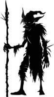 AI generated Silhouette goblin mythical race from game mage wit staff black color only vector