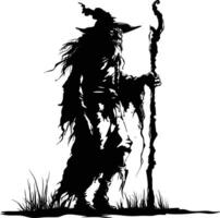 AI generated Silhouette goblin mythical race from game mage wit staff black color only vector