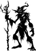 AI generated Silhouette goblin mythical race from game mage wit staff black color only vector