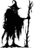 AI generated Silhouette goblin mythical race from game mage wit staff black color only vector