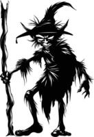 AI generated Silhouette goblin mythical race from game mage wit staff black color only vector