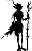 AI generated Silhouette goblin mythical race from game mage wit staff black color only vector