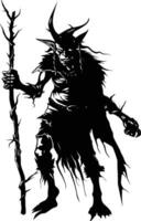 AI generated Silhouette goblin mythical race from game mage wit staff black color only vector