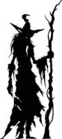 AI generated Silhouette goblin mythical race from game mage wit staff black color only vector