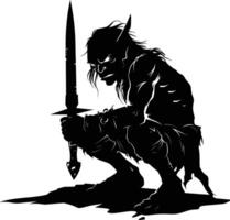 AI generated Silhouette goblin mythical race from game warrior with sword black color only vector