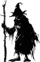 AI generated Silhouette goblin mythical race from game mage wit staff black color only vector