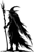 AI generated Silhouette goblin mythical race from game mage wit staff black color only vector