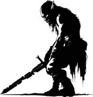 AI generated Silhouette goblin mythical race from game warrior with sword black color only vector