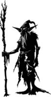 AI generated Silhouette goblin mythical race from game mage wit staff black color only vector