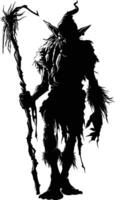 AI generated Silhouette goblin mythical race from game mage wit staff black color only vector