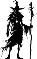 AI generated Silhouette goblin mythical race from game mage wit staff black color only vector