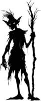 AI generated Silhouette goblin mythical race from game mage wit staff black color only vector