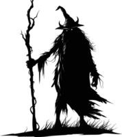 AI generated Silhouette goblin mythical race from game mage wit staff black color only vector