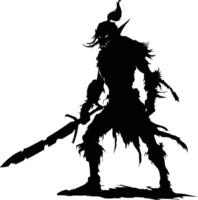 AI generated Silhouette goblin mythical race from game warrior with sword black color only vector