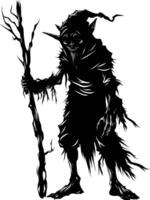 AI generated Silhouette goblin mythical race from game mage wit staff black color only vector