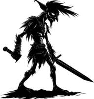 AI generated Silhouette goblin mythical race from game warrior with sword black color only vector