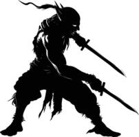 AI generated Silhouette goblin mythical race from game warrior with sword black color only vector