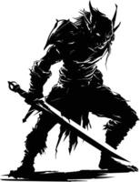 AI generated Silhouette goblin mythical race from game warrior with sword black color only vector