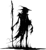 AI generated Silhouette goblin mythical race from game mage wit staff black color only vector