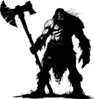 AI generated Silhouette orc mythical race from game with big ax black color only vector