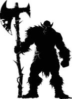 AI generated Silhouette orc mythical race from game with big ax black color only vector