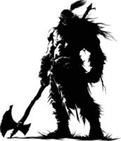 AI generated Silhouette orc mythical race from game with big ax black color only vector