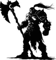 AI generated Silhouette orc mythical race from game with big ax black color only vector