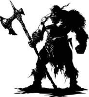 AI generated Silhouette orc mythical race from game with big ax black color only vector