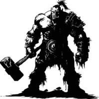 AI generated Silhouette orc mythical race from game with big hammer black color only vector