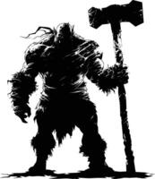 AI generated Silhouette orc mythical race from game with big hammer black color only vector