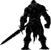 AI generated Silhouette orc mythical race from game with big sword black color only vector