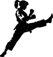 ai generado silueta tae kwon hacer o kárate mujer patada lleno cuerpo negro color solamente vector