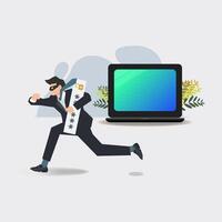 Businessman stealing data by hacking passwords . Cyber crime concept vector illustration