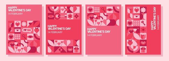 Set of geometric Valentine's Day posters. Modern minimalistic abstract shapes for invitation, banner, poster, template, cover, web design. Vector illustration.