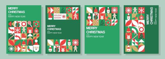 Set of geometric Merry Christmas and Happy New Year posters. Modern minimalistic abstract shapes for Invitation, banner, poster, template, cover, web design. Vector illustration.