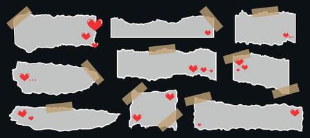 Set of torn sheets of paper, with tape stickers and hearts. Realistic scraps of paper for the design of posters, cards, web design, collages. Modern vector illustration with a Valentine's Day theme.