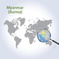 A Magnifying Glass on Myanmar Burma of the World Map, Zoom Myanmar Burma map with gradient background and Myanmar Burma flag on map, Vector art